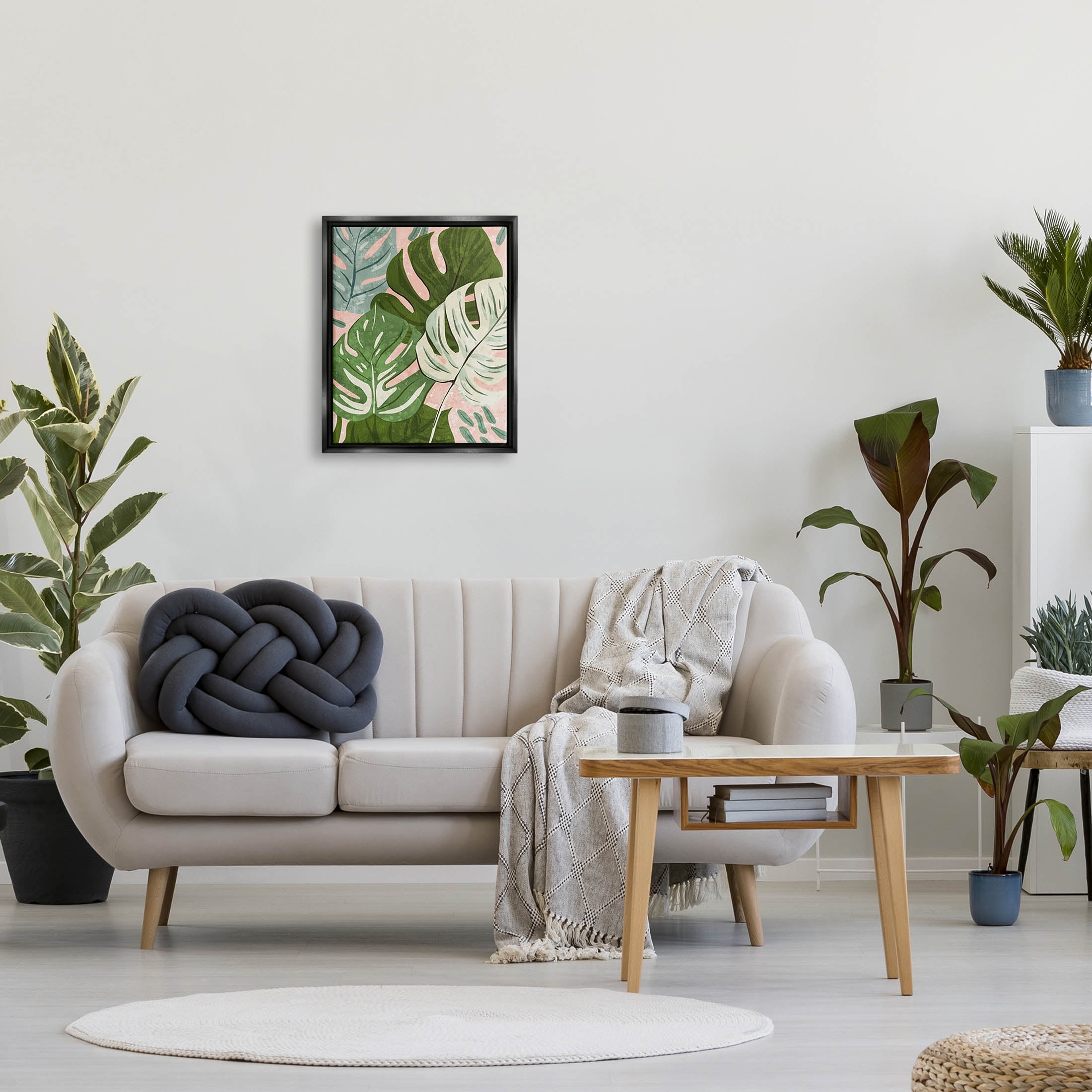 Layered Monstera Plant Leaves Botanical & Floral Graphic Art Jet Black Framed Art Print Wall Art