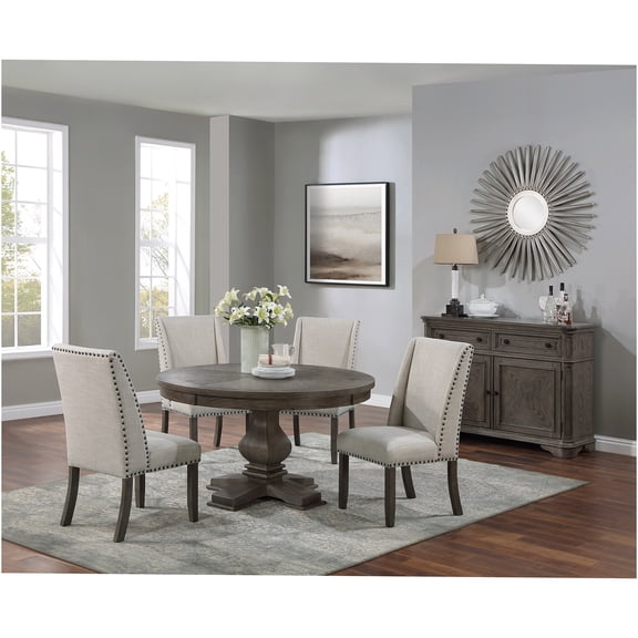 JERFIT 5-Piece Round Dining Set with Upholstered Wingback Chairs and Pedestal Table, Solid Wood Construction in Rich Oak Finish for Formal Dining Room