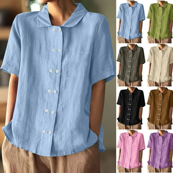 Summer Savings Woman's Tops, Xunlbb Women's Fashion Cotton And Double Breasted Open Collar Short Sleeved Top(Light Blue,S)