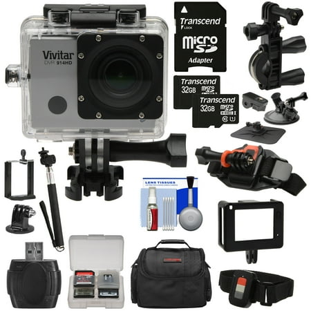 Vivitar DVR914HD 1440p HD Wi-Fi Waterproof Action Video Camera Camcorder (Silver) + Remote, Helmet, Bike, Suction Cup + Dashboard Mounts + 64GB + Case Kit