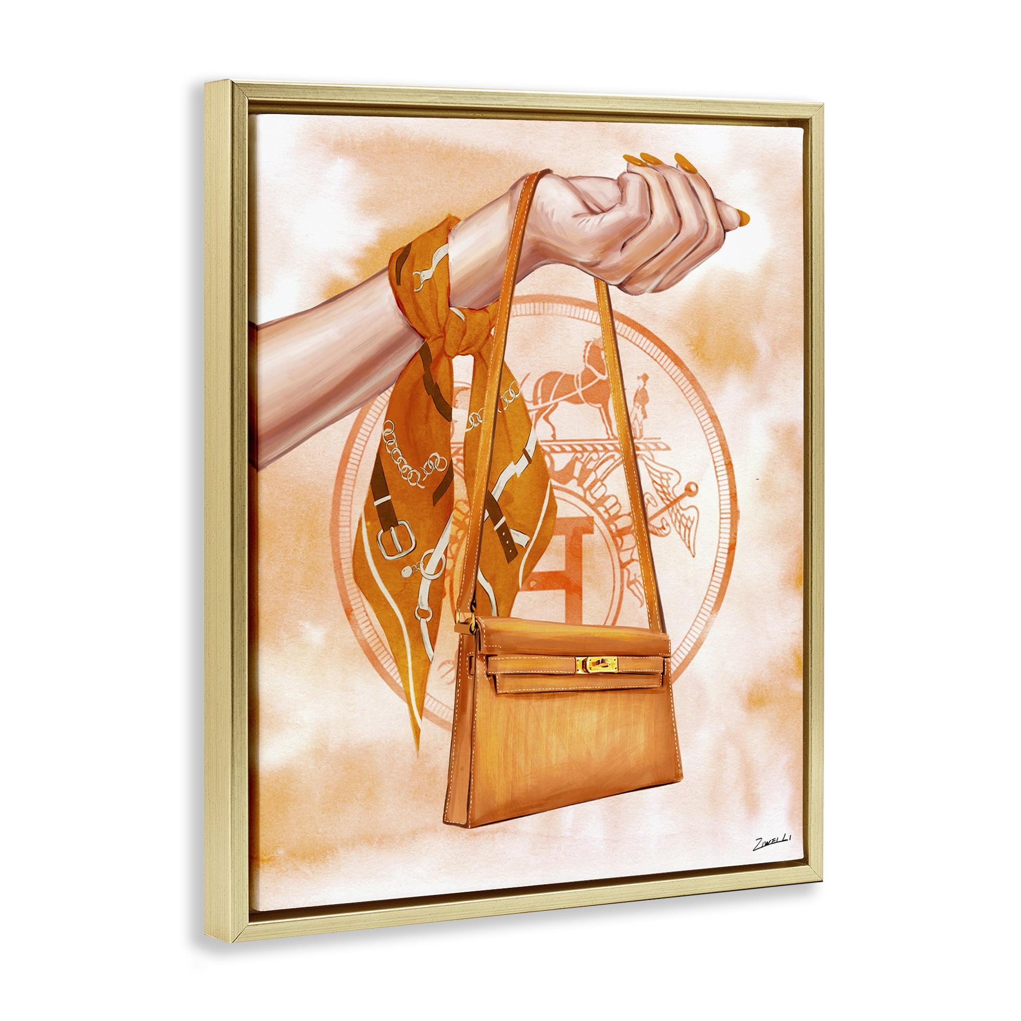 Stupell Industries Holding Orange Handbag Fashion Painting Gold Floater Framed Canvas Art Print Wall Art, 25 x 31