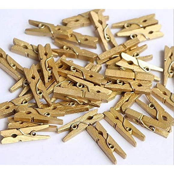 50Pcs Small Clothes Pins For Photos Gold Wood Clothespins Mini Wooden Clips Natural Wooden Peg Pin Compatible Gift Wrapping Picture Hanging Arts&Crafts Photo Display (Gold 4.5 * 0.7Cm)