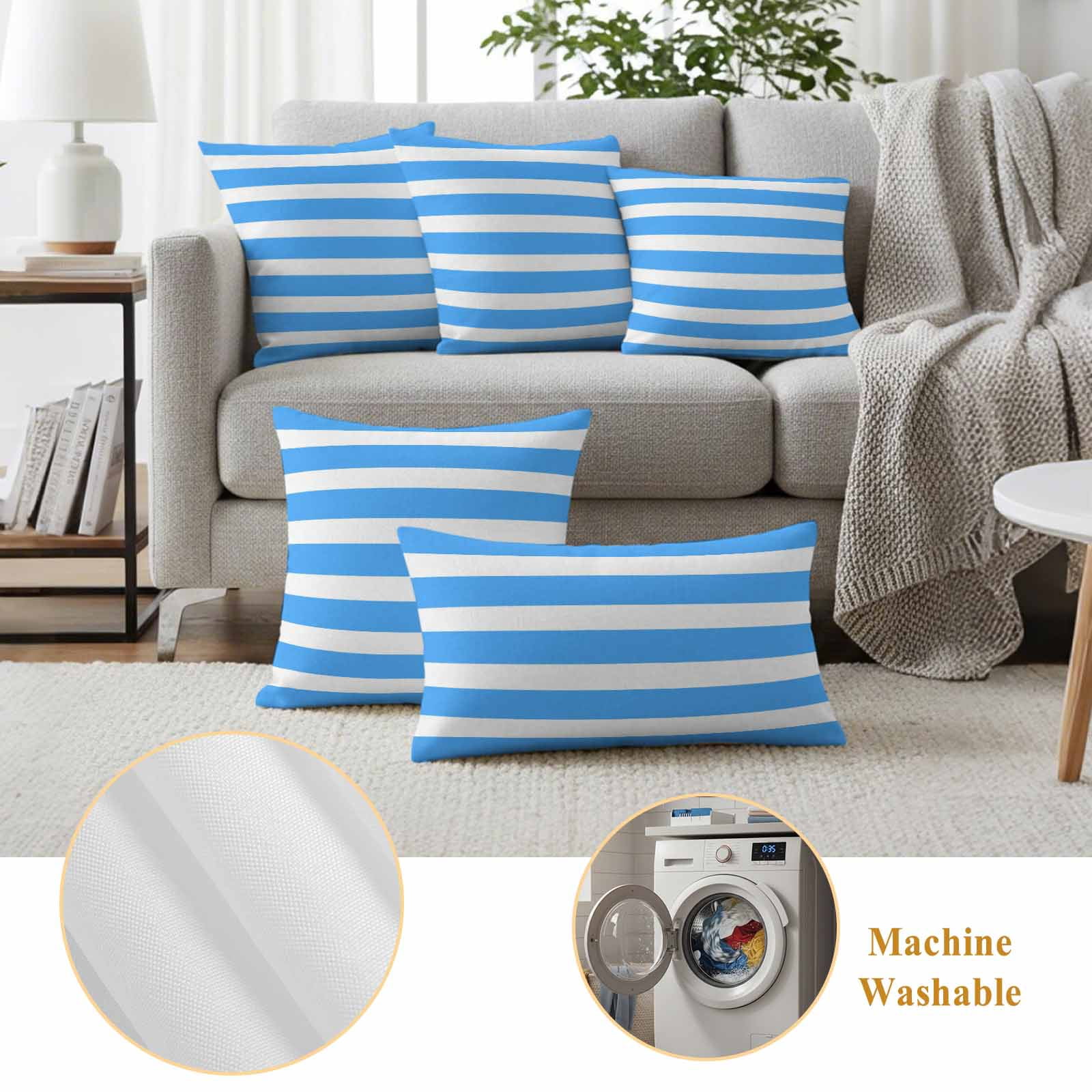 Blue Striped Outdoor Waterproof Pillow Covers, Modern Simple Monochrome Geometric White Decorative Rectangle Throw Pillowcase Sofa Cushion Sham for Patio/Couch/Chair, 20"x12" 2 Pack