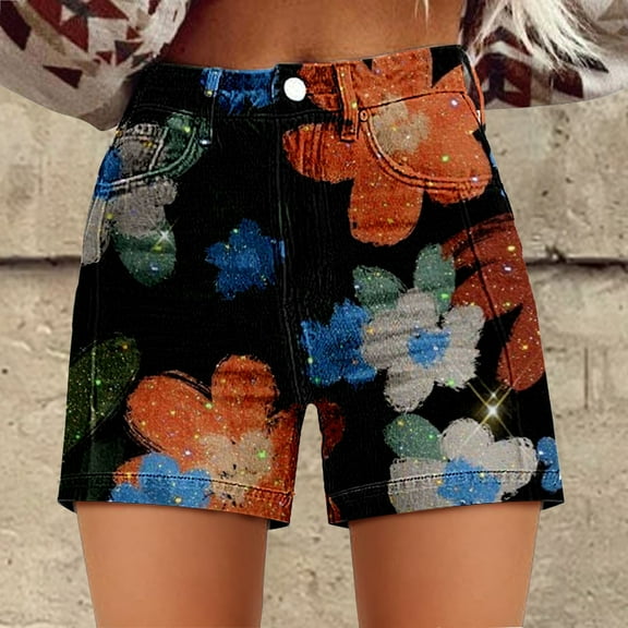 Women's Shorts Womens Casual High Waist Denim Shorts Relaxed Fit Artretro Printed Floral Shorts With Pockets,Black Women's Shorts XXL
