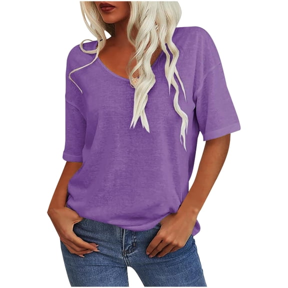 Sexlip Women's V Neck Short Sleeve Loose Top Comfortable Fabric Stylish Design Daily Casual Wear Purple M