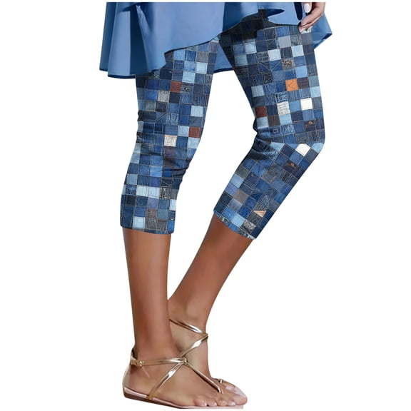 Leggings Capris for Women Plus Size,Women's Faux Denim Capri Leggings High Waisted Yoga Pants Pull On Stretch Print Capris Casual Comfy Tights Skinny Jeggings