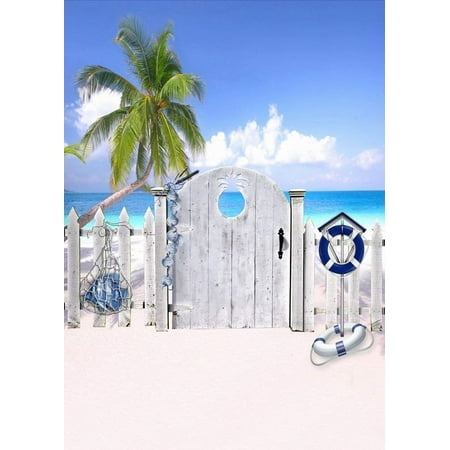 Image of ABPHOTO Polyester Sea Beach Coconut Tree Fences Photography Backdrops Photo Props Studio Background 5x7ft