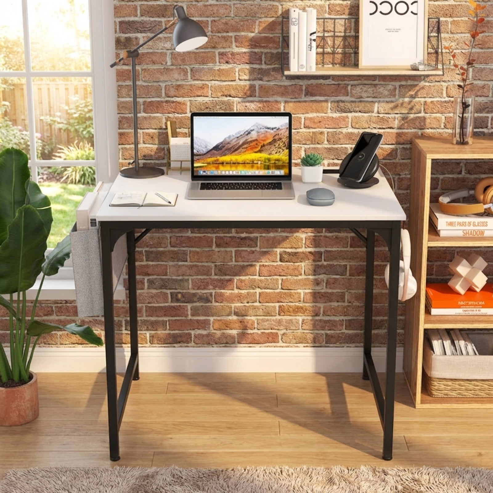 Furnibear 32 Inch Home Office Writing Desk with Charging Station Storage Bag and Headphone Hook - White