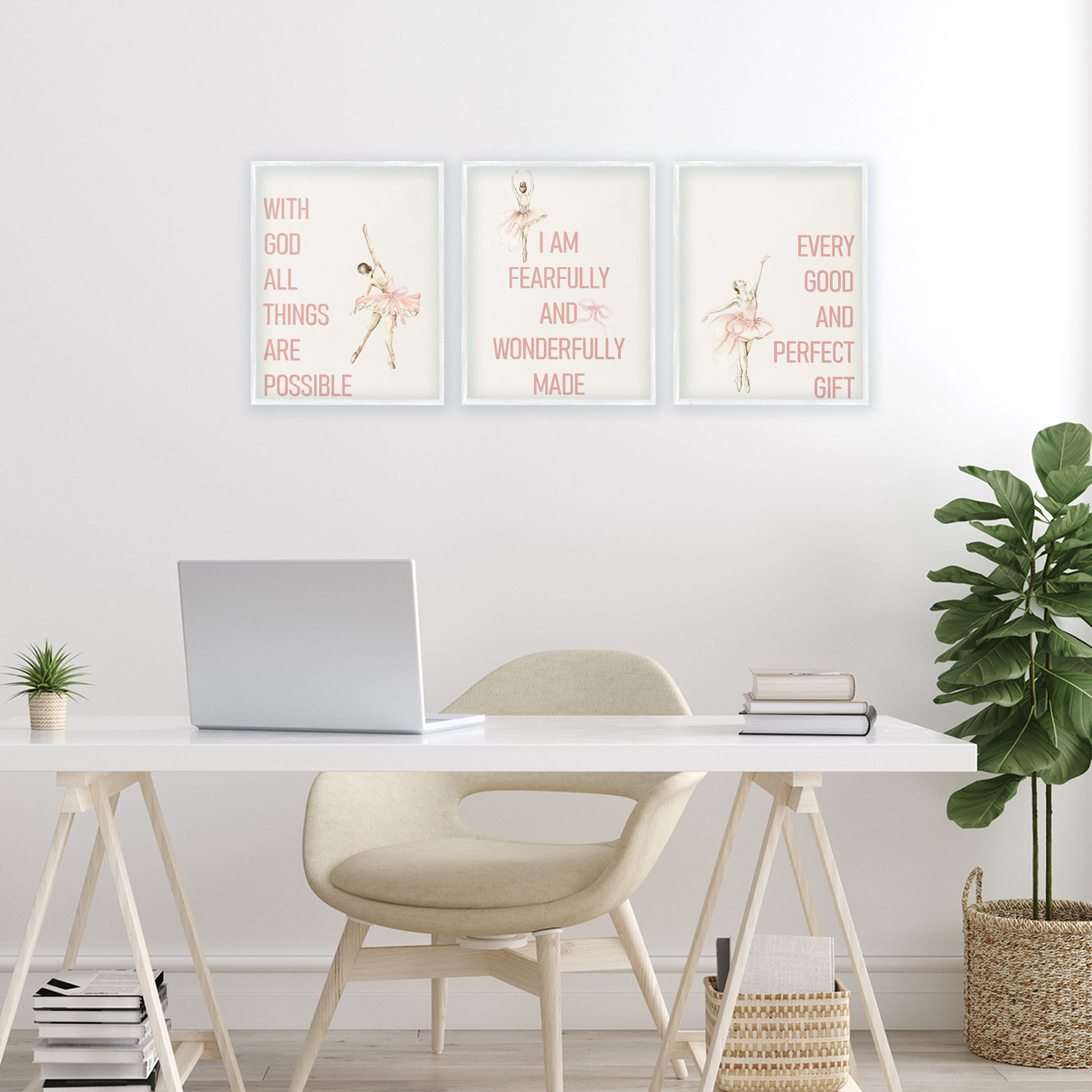 Faith Sentiments with Ballerinas 3 Piece White Framed Giclee Art Set, design by Kim Allen