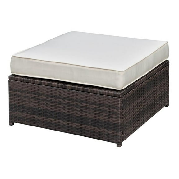 Bowery Hill Contemporary Rattan Square Patio Ottoman in Brown and Beige