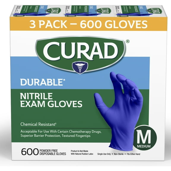 CURAD Nitrile Exam Gloves, Durable, Powder Free, Chemical Resistant, Medium, 600 Count, Color May Vary