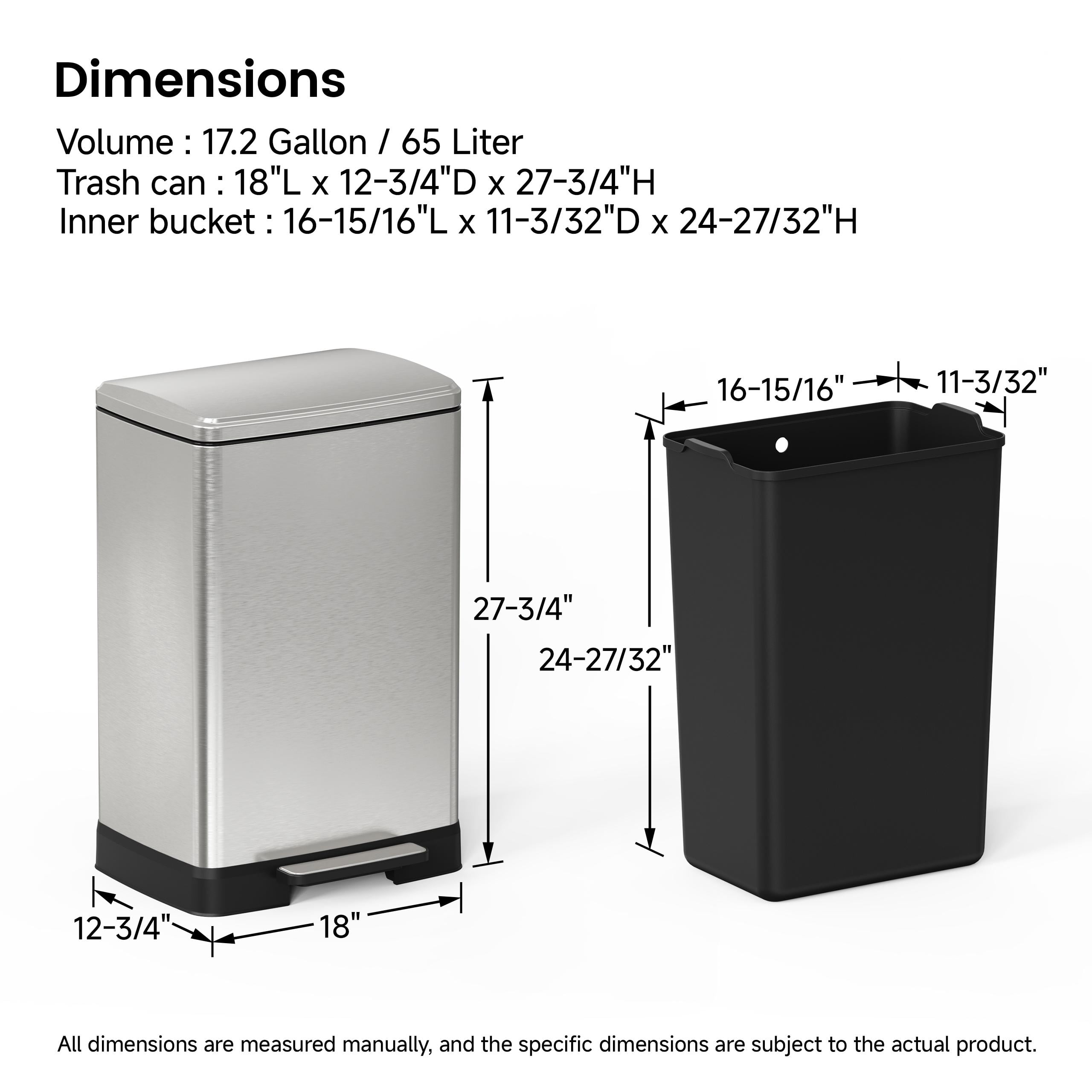 17 Gallons Pedal Trash Can with Soft Close Lid, Removable Inner Bucket & Detachable Wheels, Odor Control Slot for Kitchen Home, Brushed Nickel
