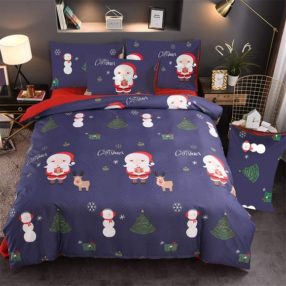 Christmas Tree Deer Santa Claus Printed Bedding Sets Quilt Cover Set No Comforter (Blue, Queen)