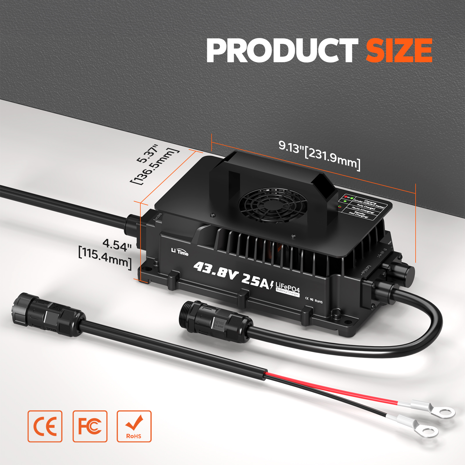LiTime 43.8V 25A Lithium Battery Charger for 36V(38.4V) LiFePO4 Lithium Battery, IP65 Waterproof Wide Applications for Golf Cart, RV, 36V Trolling Motor