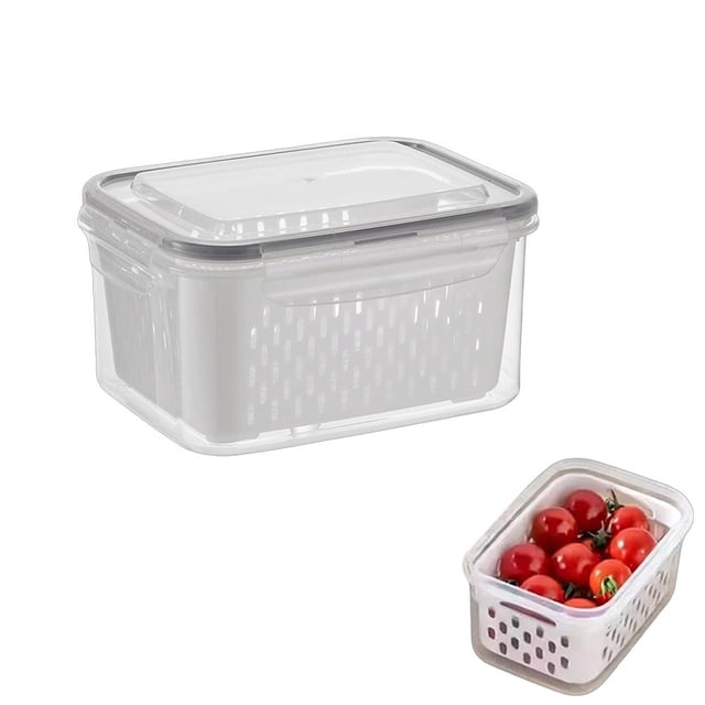 4 In 1 Food Storage Container, Fruit Saver Storage Containers for Fridge, Stackable Fruit Berry Containers with Lid & Removable Colander, Long-Term Freshness, Dishwasher Safe