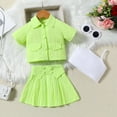 thumbnail image 3 of GYRATEDREAM Toddler Baby Girl 3Pcs Outfit Short Sleeve Lapel Shirt Coat + Spaghetti Strap Camisole + Pleated Skirt Set Kids Spring Summer Clothes Green for 18M-6T, 3 of 4