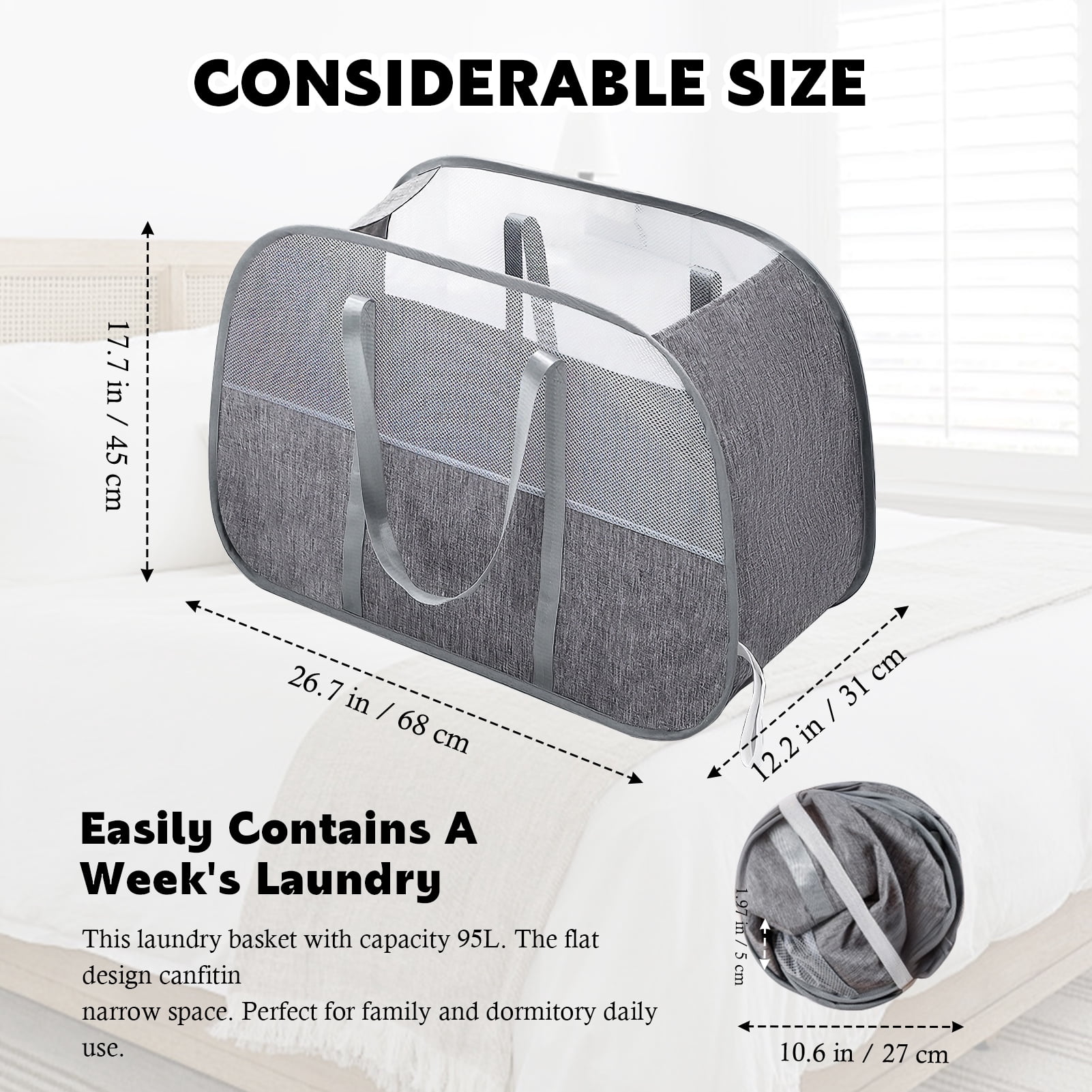 Godance Collapsible Laundry Baskets with Easy Carry Handles, 95L Large Foldable Laundry Hamper - Tear-Proof Pop Up Clothes Hamper for Storage - Space-Saving Laundry Basket for Bedroom, Bathroom, Dorm