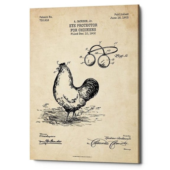 Epic Graffiti "Eye Protector for Chickens Blueprint Patent Parchment" Giclee Canvas Wall Art, 12" x 18" 18" x 26"