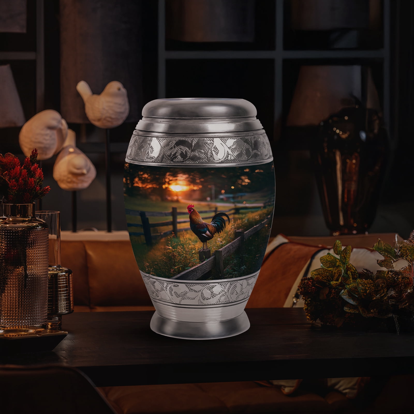 Yatskia Sunset Rooster Urns for Human Ashes Adult Man, Cremation Burial Urn for Ashes for Women, Decorative Urns for Human Ash, (Monar Large, 10 Inch)