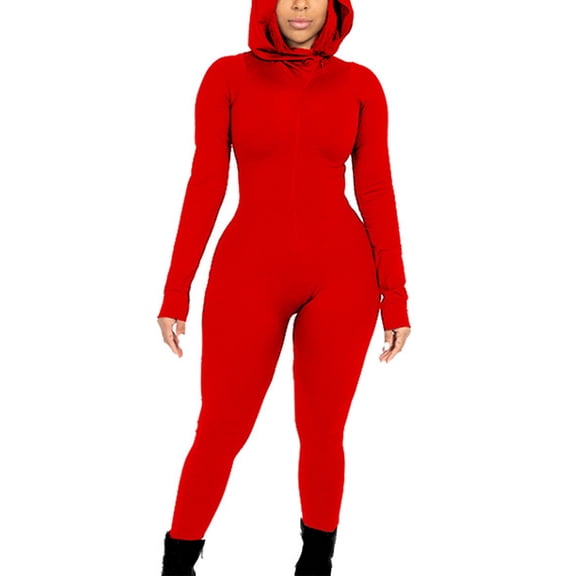 Qiopertar Women's Hooded Romper Bodysuit Long Sleeve Solid Color Stretchy Fitness Jumpsuit Bodycon Casual Comfy Lounge Wear, Red M