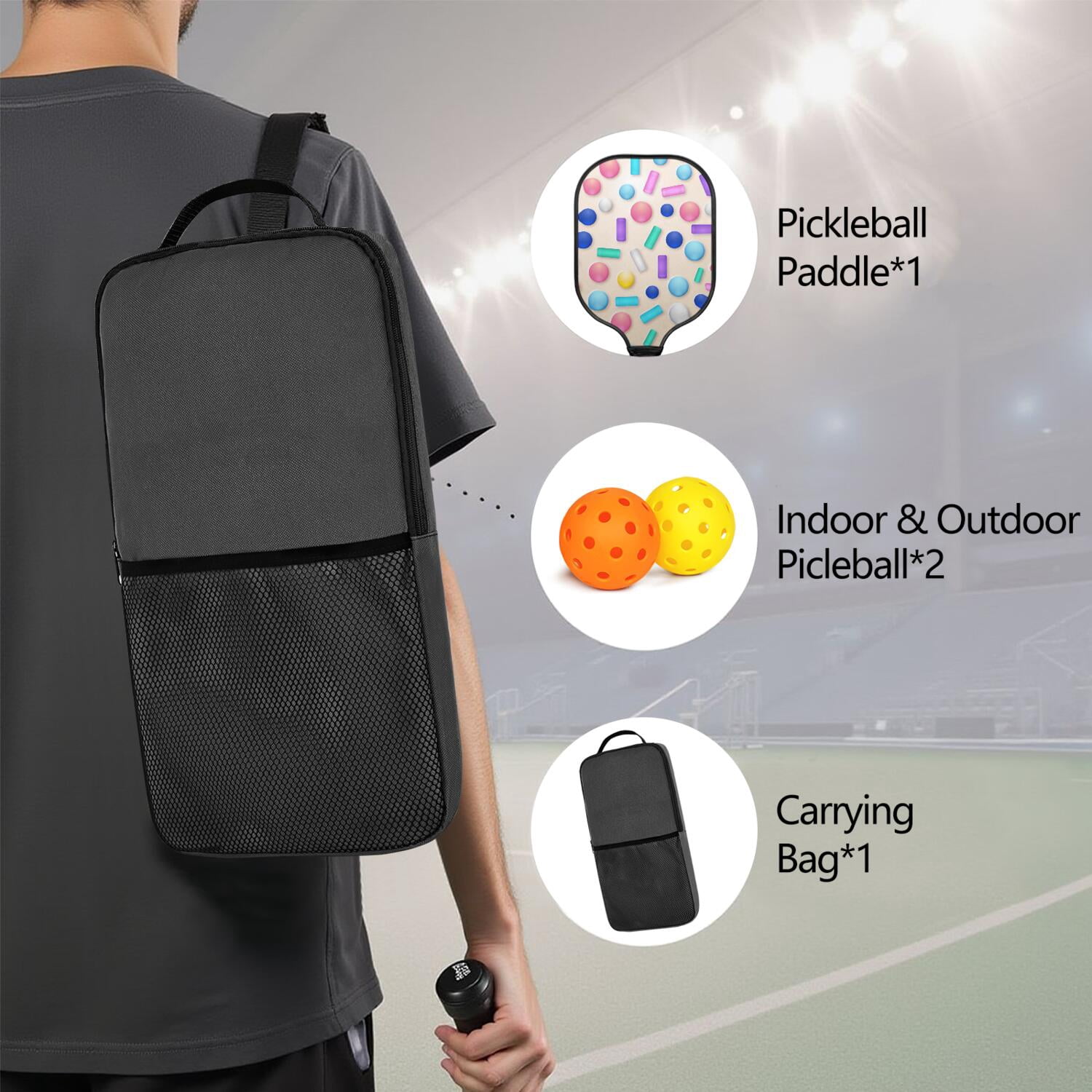 Pickleball Paddles Set Of 1, Fiberglass Surface, Sweet Candy Print, 1 Paddle, 2 Balls & Bag