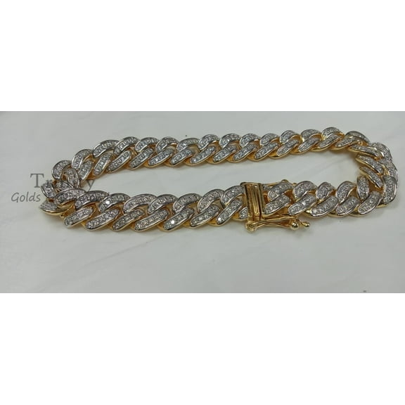 True Elegant Moissanite Diamond Cuban Link Bracelet, 14k Yellow Gold-Plated 925 Sterling Silver, for Men, 1 Pack