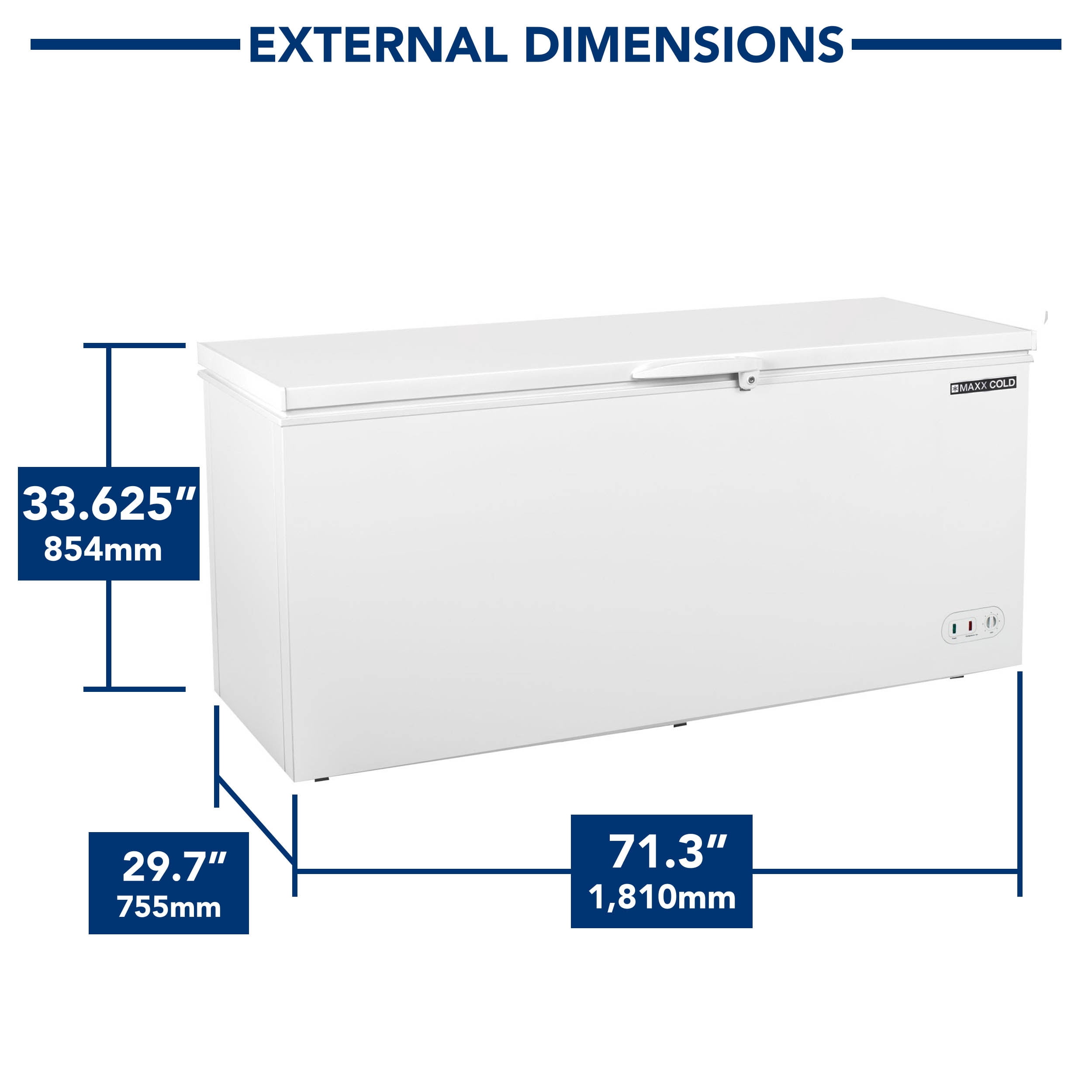 Maxx Cold Chest Freezer with Solid Top, 71.3"W, 19.4 cu. ft. Storage Capacity, Locking Lid, Garage Ready, in White (MXSH19.4SHC)
