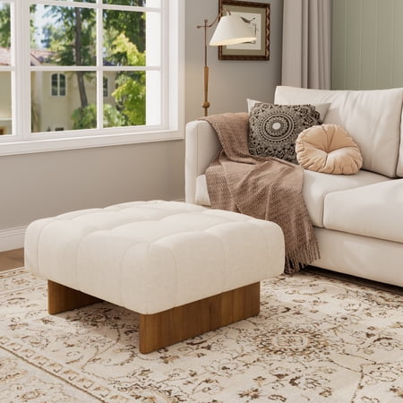 Christopher Knight Home 31.50 Square Tufted Ottoman Bench Upholstered Linen Fabric Beige