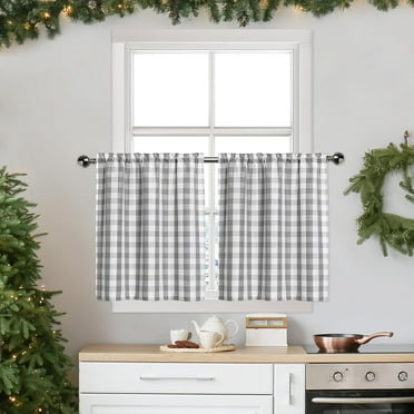 Grey Buffalo Plaid Cafe Curtains Farmhouse Tiers Kitchen Curtains 24 Inches Long, Gingham Check Rod Pocket Half Window Short Curtains for Kitchen Bathroom, 28" x 24", Silver/Gray, Set of 2