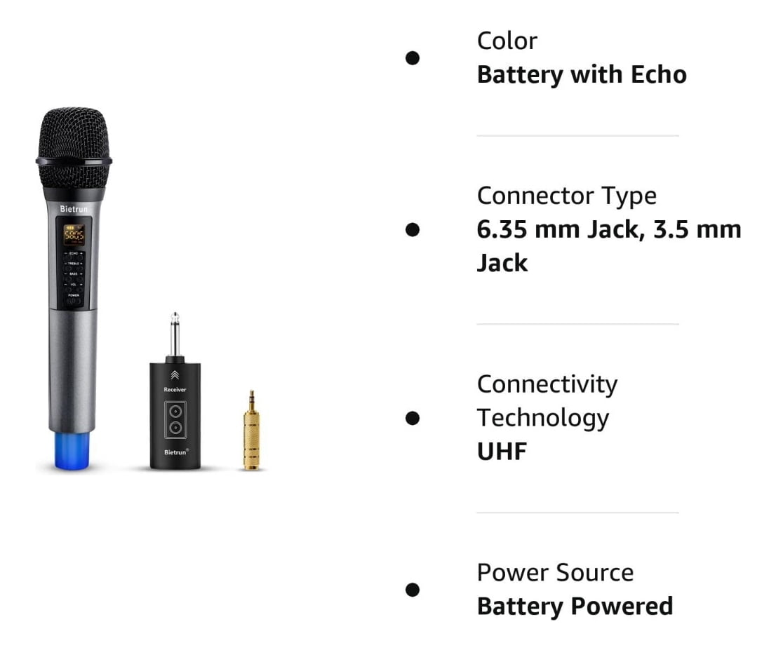 Wireless Microphone, Uhf Metal Dynamic Handheld Karaoke Mic, Rechargeable Receiver (Work 6hs),160ft Range, for Karaoke, Singing, Stage, Wedding, Speech, Karaoke Machine, Speaker, Amplifier, Mixer