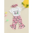thumbnail image 5 of Michellecmm Newborn Baby Girl Golf Outfit Letters Short Sleeve Romper Golf Cart Print Flare Pants and Headband Set Infant Girl Summer Clothes, 5 of 9