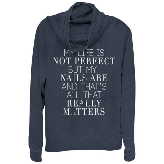 Junior's CHIN UP Perfect Nails  Cowl Neck Sweatshirt Navy Blue Small