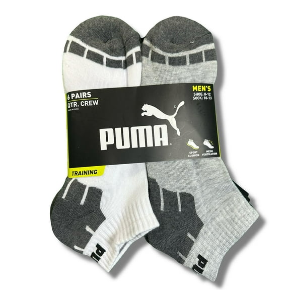 PUMA SOCKS MEN'S - QUARTER CUT - CUBE 253 - WHITE GREY - LARGE (10-13) PACK 6 XX