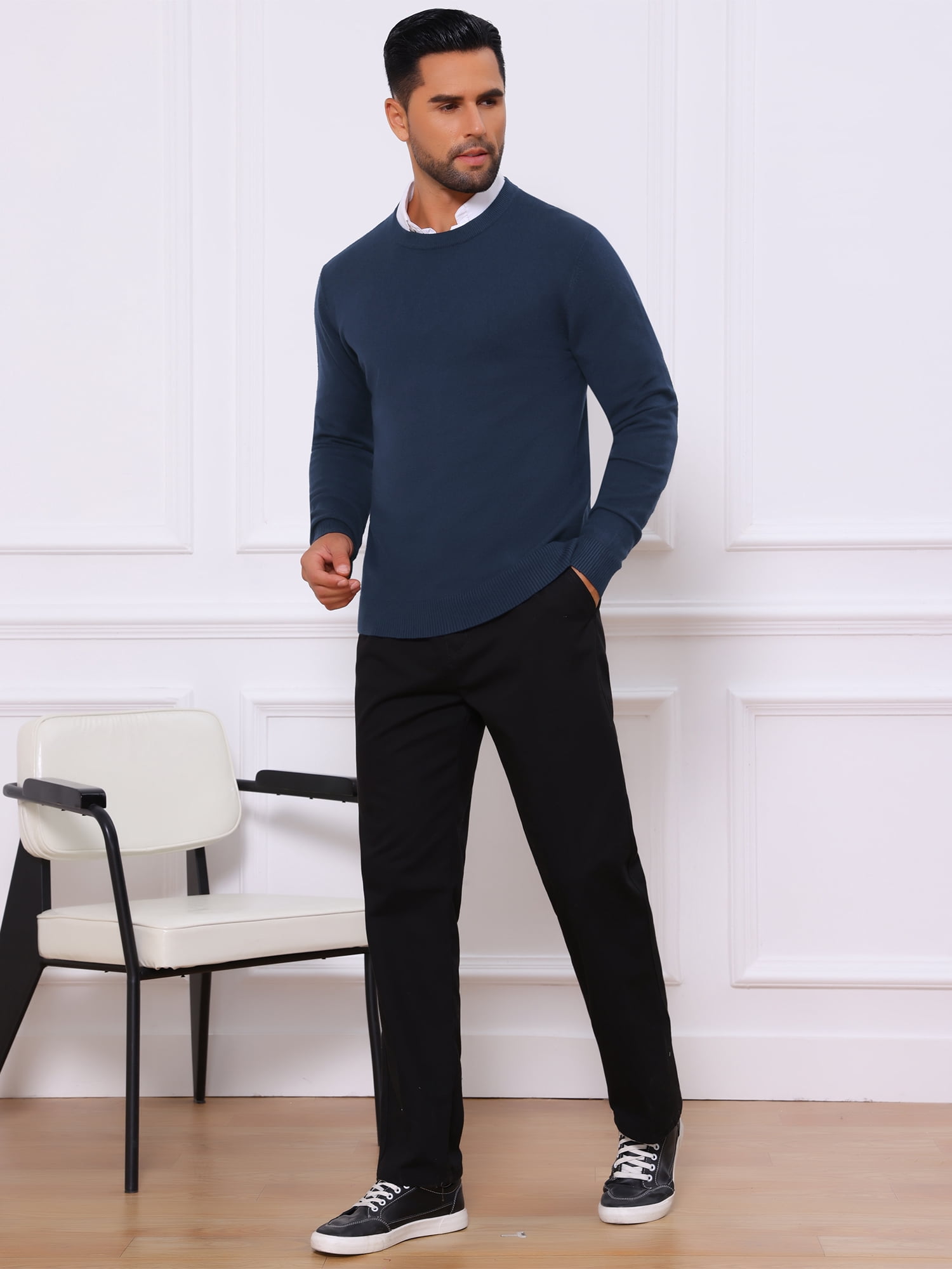 DARING DIVA Men's Solid Crew Neck Long Sleeve Soft Knit Pullover Sweater M Navy Blue