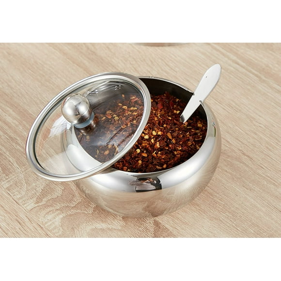 Lunfar Stainless Steel Sugar Bowl with Clear Lid and Sugar Spoon Sugar Container for Home and Kitchen