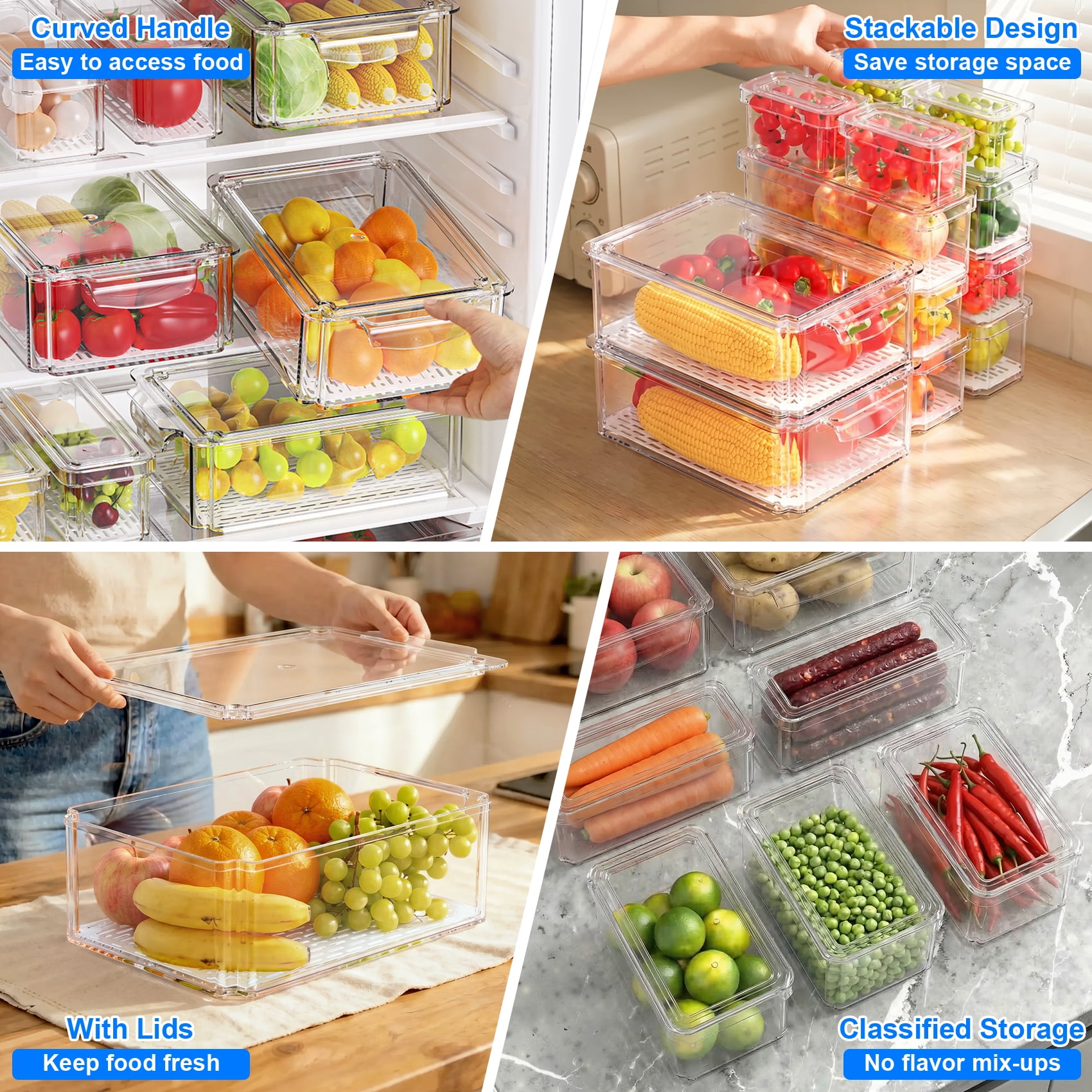 14 Pack Clear Fridge Organizers with Lids, Stackable Food Storage Containers with Drain Board, Kitchen Produce Saver for Fruit, Vegetable and Meat