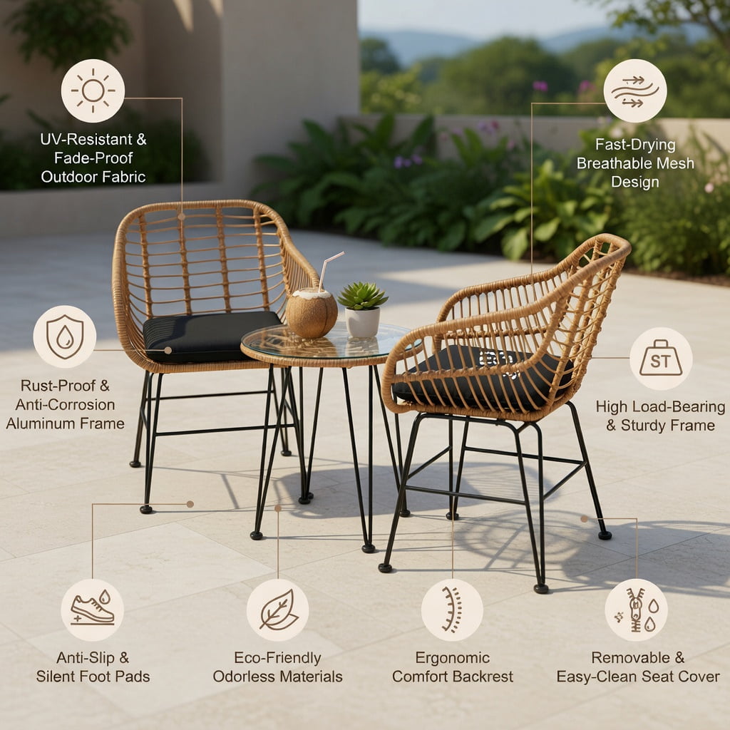 Hommoo 3-Piece Outdoor Rattan Furniture Set, 2 Armchairs + Coffee Table with Removable Cushions, Tempered Glass Top, Weather-Resistant Wicker & Steel Frame, Black