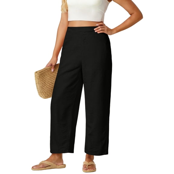 BOMYJESK Womens Linen Pants Wide Leg Elastic Waist Palazzo Pants Breathable Lightweight Lounge Pant with Pockets Black XL