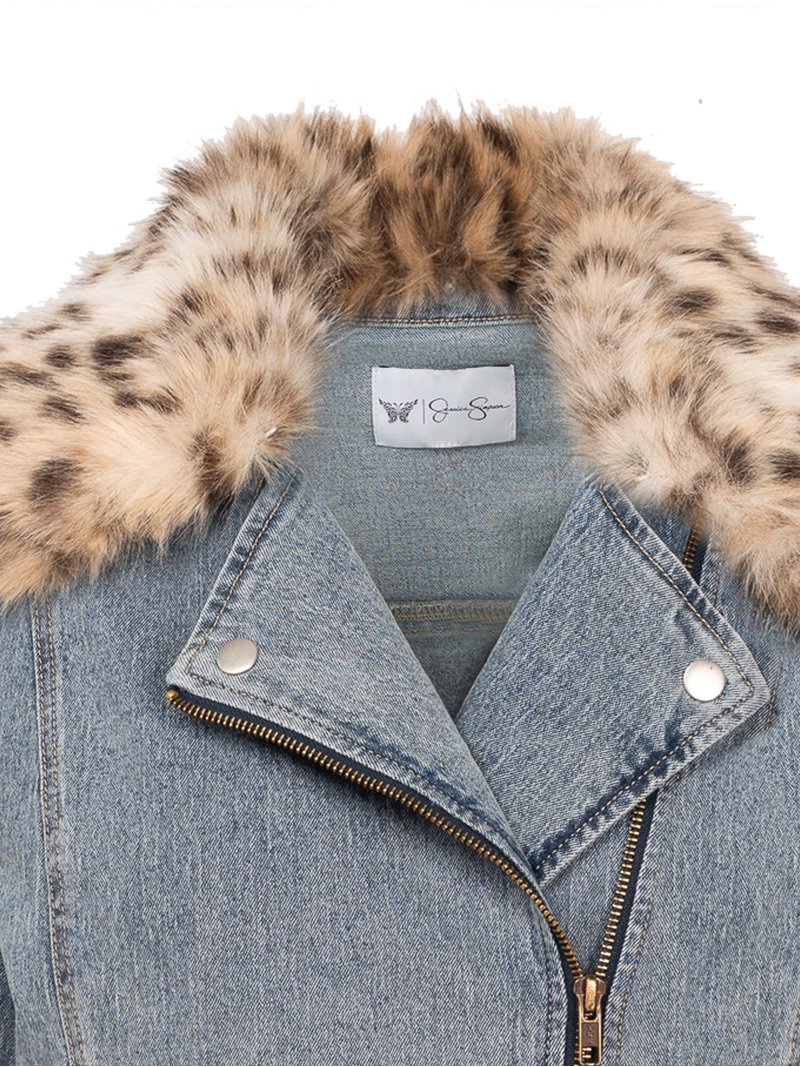 Jessica Simpson Women's Denim Moto Jacket with Faux Fur Collar