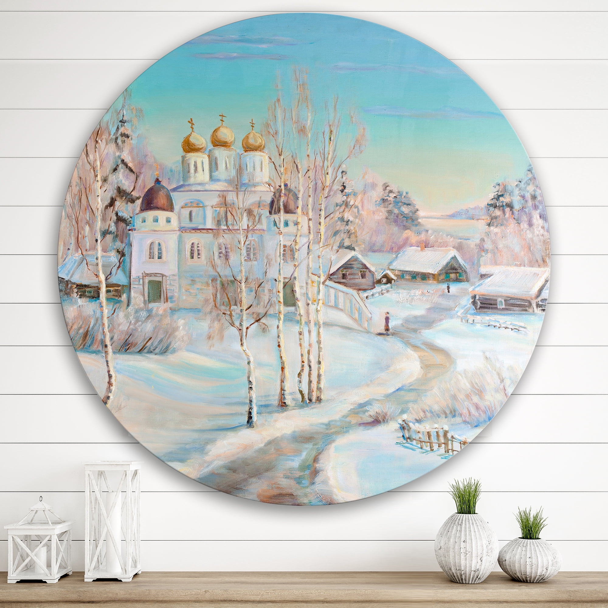 Designart 'Temple Over Country Road In Winter Landscape' Traditional Circle Metal Wall Art 29x29 - Disc of 29