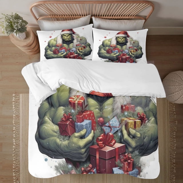 Juego de edredón navideño Hulk Comfort Twin para niños y adultos, regalo de 3 piezas, estampado de dibujos animados, tamaño King, funda de almohada y sábana