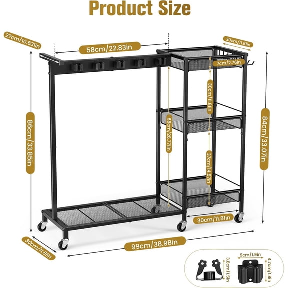 Broom Holder with Cleaning Supplies Organizer, Cleaning Utility Cart on Wheels, 10 Clips & 7 Hooks, 3-Tier Shelves, Broom Closet Storage Cabinet with Cleaning Caddy for Home Commercial Use