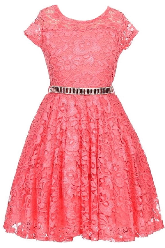 Lovely Floral Lace Rhinestones Skater Party Easter Flower Girl Dress for Big Girl Coral 16 JK19.88S BNY Corner