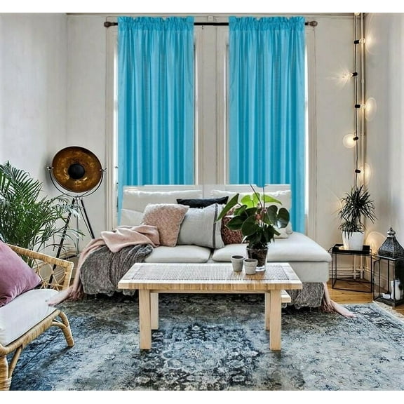 2 piece MR2 Semisheer faux silk solid window treatment curtain panel with rod pocket solid plain turquoise blue color for bedroom living room 55"x 84"