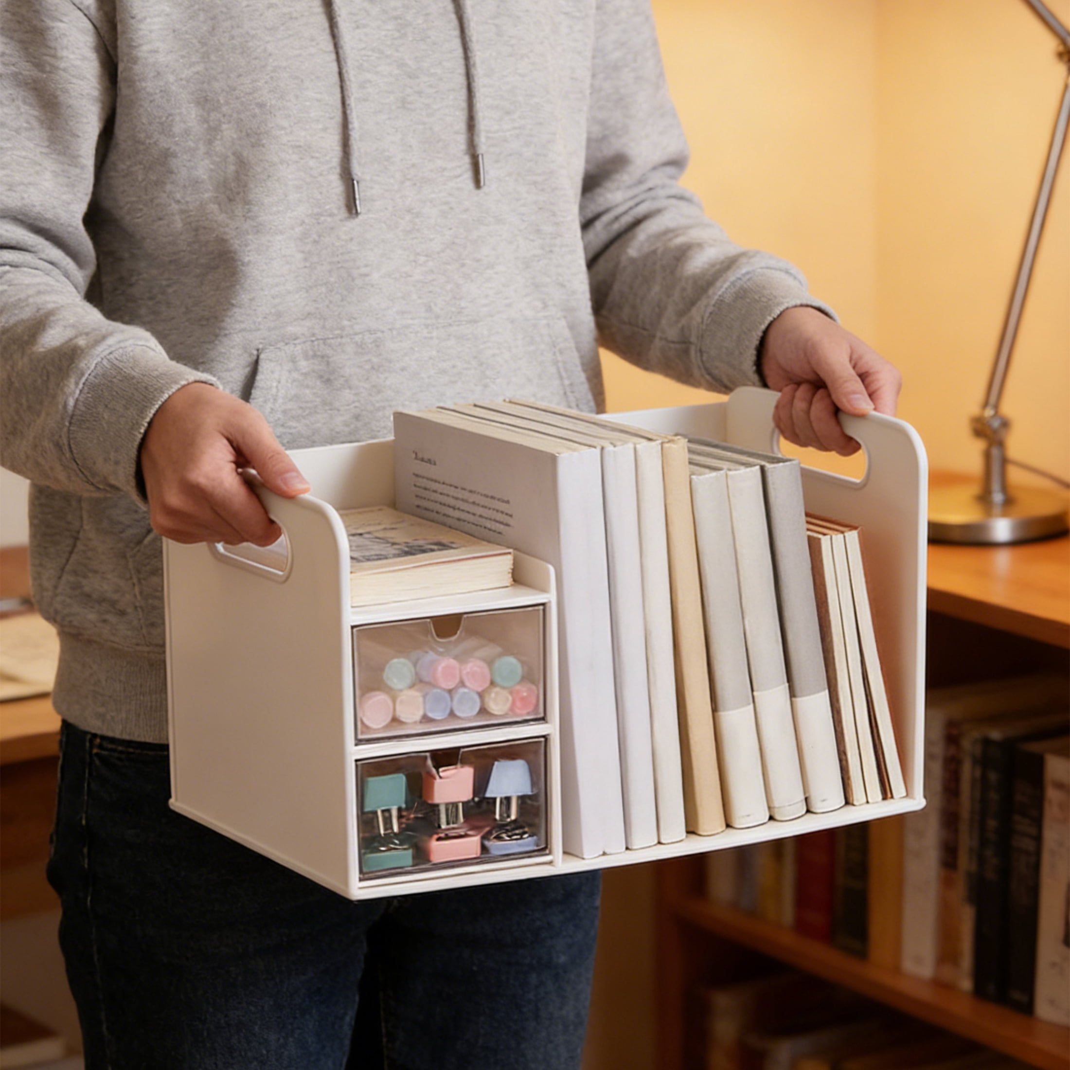 Desk Book File Organizer, Plastic Book Storage Rack, Expandable Desk Organizer with Drawer, Desktop File Organizer, Small Shelf Book Rack for Office Home