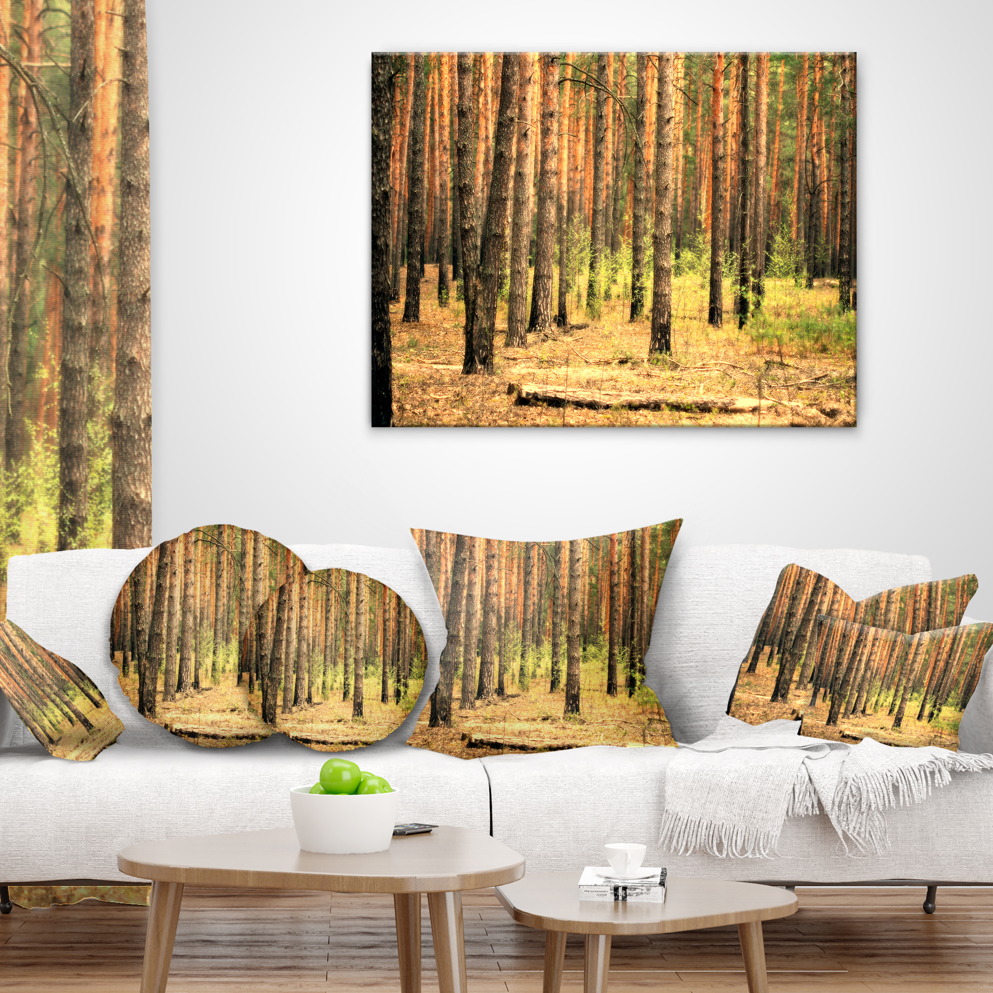 Designart Beautiful Pine Forest at Sunset - Modern Forest Throw Pillow - 18x18