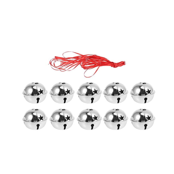 11 cascabeles navideños de cinco puntas con forma de estrella, mini cascabeles creativos y brillantes, cascabeles navideños pequeños hechos a mano (10 cascabeles plateados de 5 cm + cinta de 10 m)