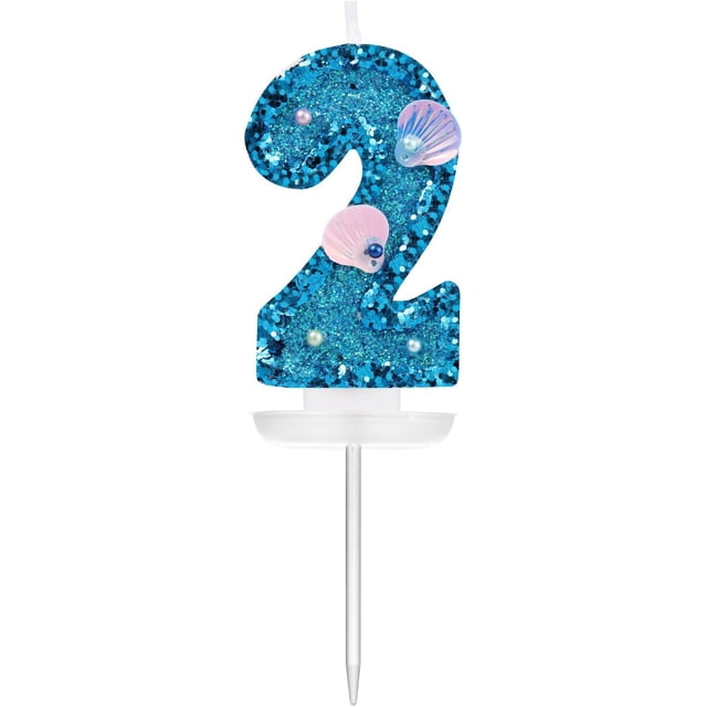 3 Inch Birthday Number Candle, Blue Shell Sequins Number Candles Glitter Number Candle Cake Numeral Candles Cake Topper for Birthday Anniversary Mermaid Themed Party (2)