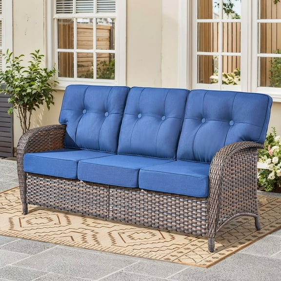Unnifurnzi Outdoor Wicker Couch-3 Seater High Back Outdoor Sofa Outdoor Patio Couch for Deck Porch Garden Balcony Poolside-Brown/Blue