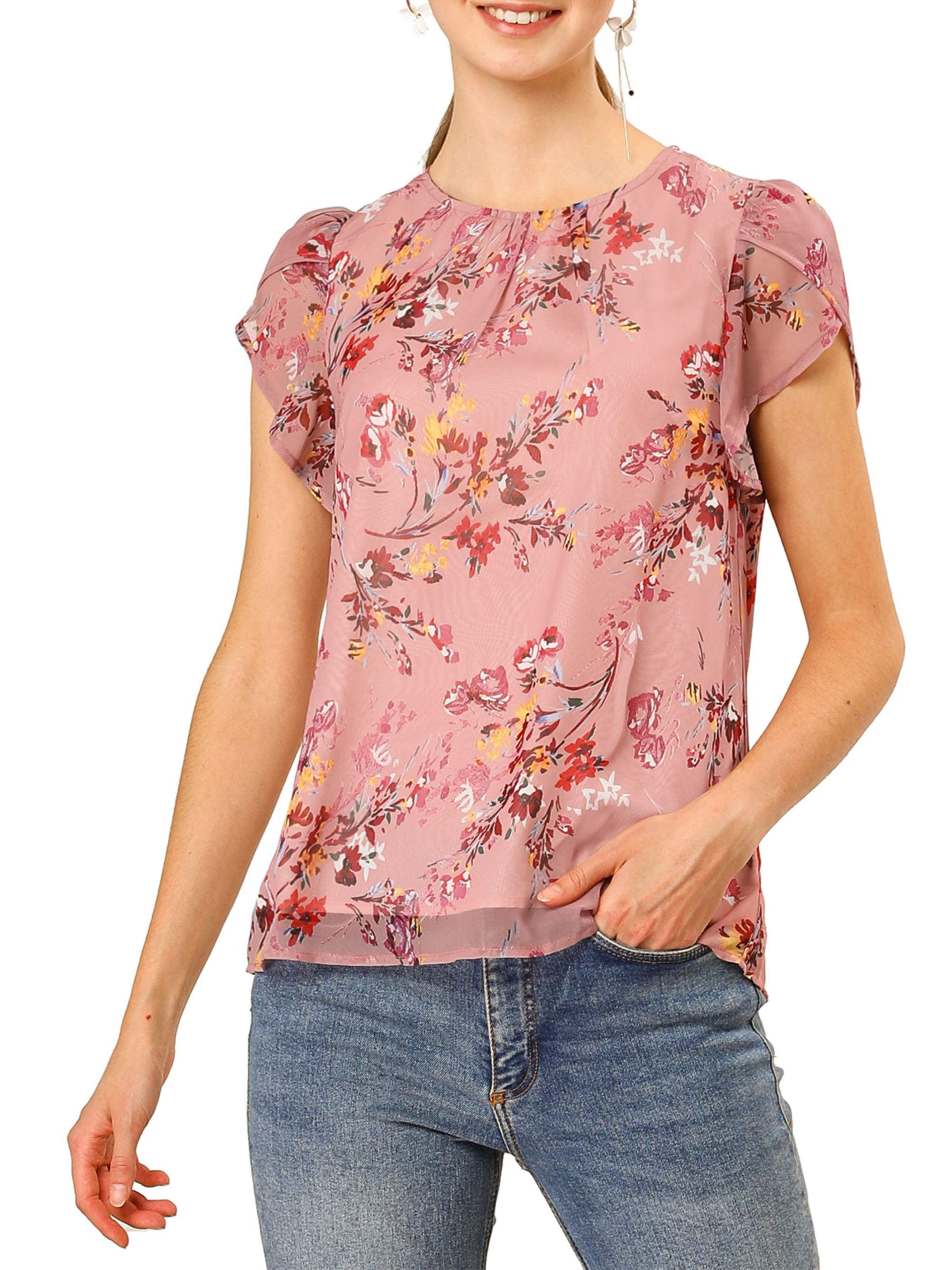 Unique Bargains - Women's Petal Sleeve Floral Printed Elegant Chiffon ...